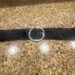 Vintage Style 3” Wide Black Leather Belt Rhinestone Silvertone Circle Buckle L